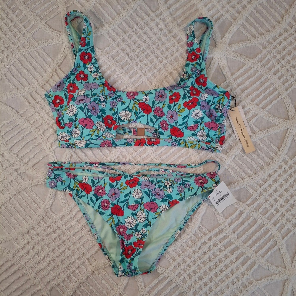 Nanette Lepore Size 12 Floral Cami Bikini Set Light Blue Red Purple 2 Piece NWT